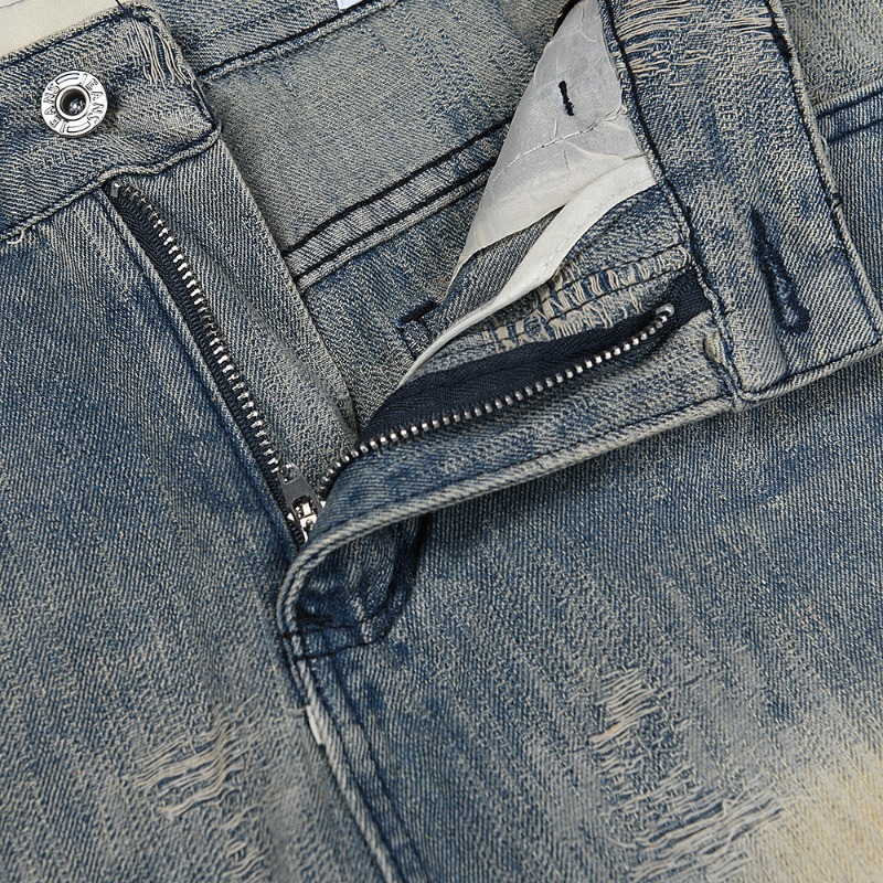 Pantalones vaqueros de hombre estilo americano con efecto desgastado y salpicaduras, con corte y borde sin rematar, de mezclilla deshilachada, estilo streetwear unisex._voghion.com
