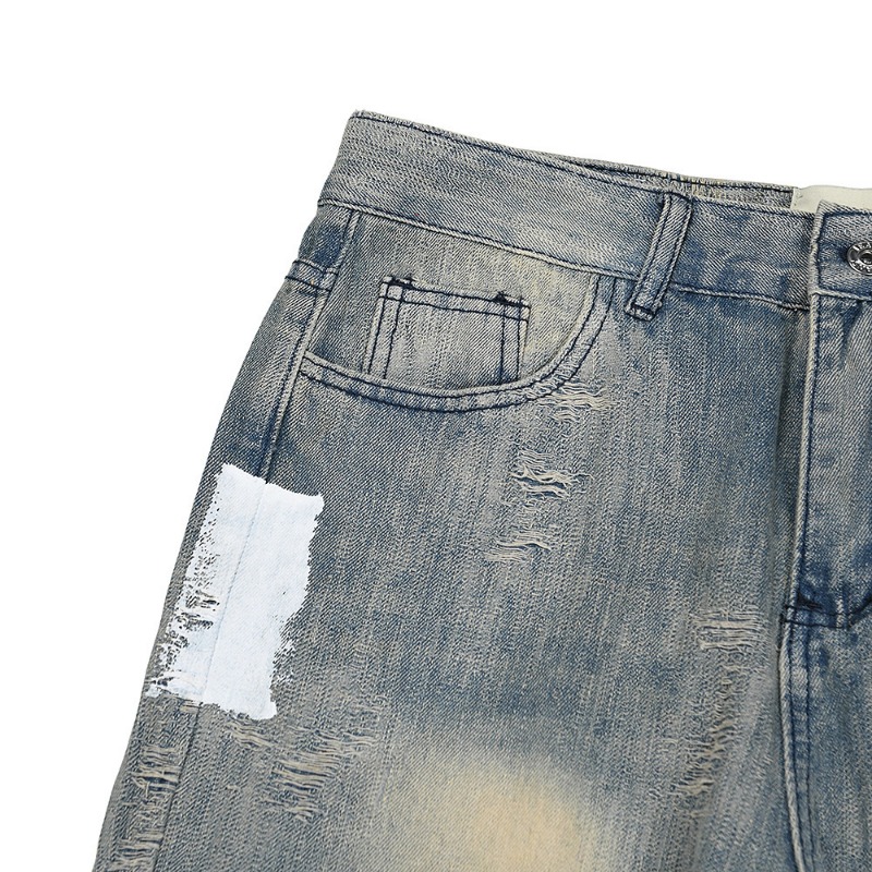 Pantalones vaqueros de hombre estilo americano con efecto desgastado y salpicaduras, con corte y borde sin rematar, de mezclilla deshilachada, estilo streetwear unisex._voghion.com