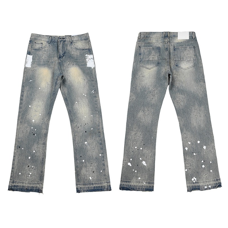 Pantalones vaqueros de hombre estilo americano con efecto desgastado y salpicaduras, con corte y borde sin rematar, de mezclilla deshilachada, estilo streetwear unisex._voghion.com