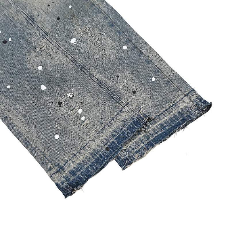 Pantalones vaqueros de hombre estilo americano con efecto desgastado y salpicaduras, con corte y borde sin rematar, de mezclilla deshilachada, estilo streetwear unisex._voghion.com