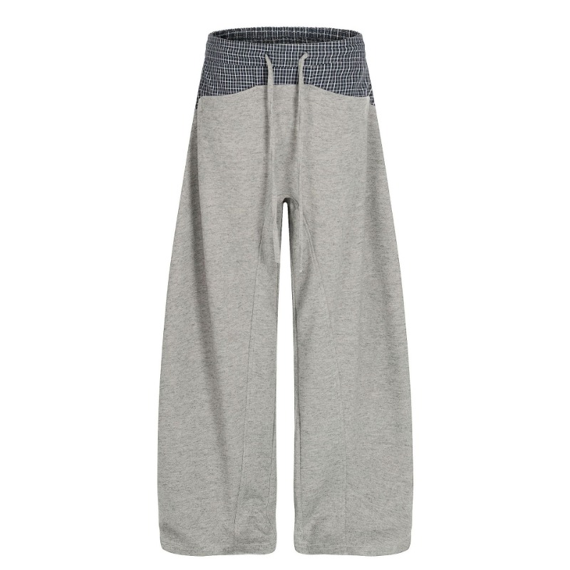 C963 American High Street Retro High-end Drop Plaid Splicing Design Loose Men's Casual Scimitar Sweatpants_viptrois.com