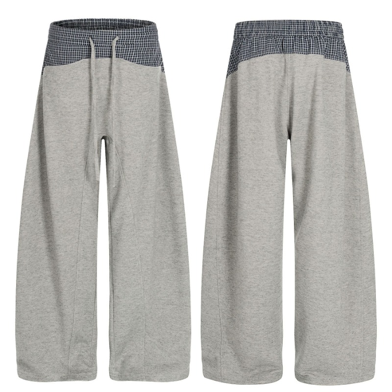 C963 American High Street Retro High-end Drop Plaid Splicing Design Loose Men's Casual Scimitar Sweatpants_viptrois.com