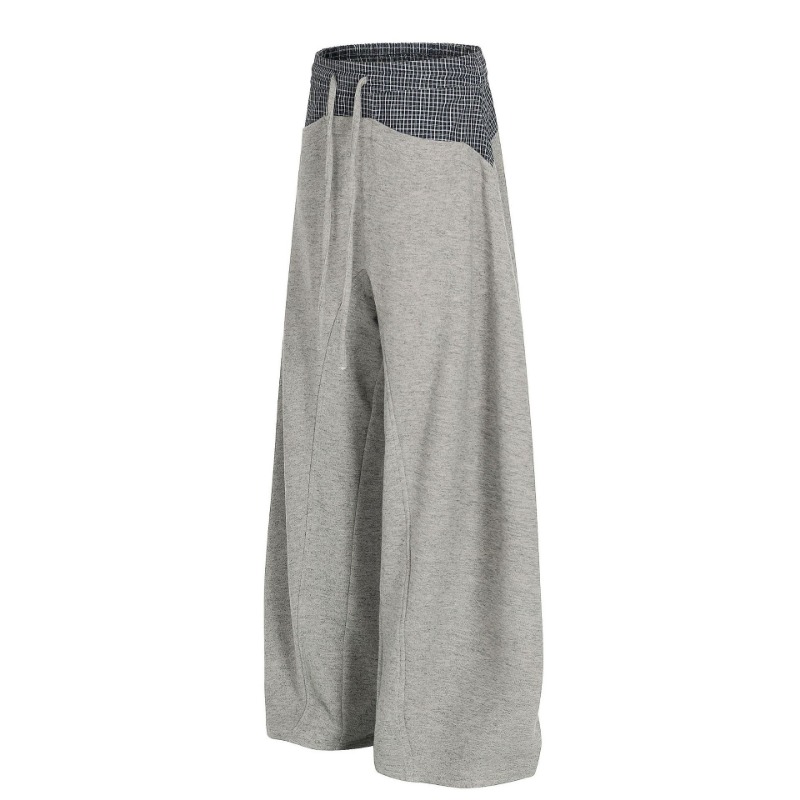 C963 American High Street Retro High-end Drop Plaid Splicing Design Loose Men's Casual Scimitar Sweatpants_viptrois.com