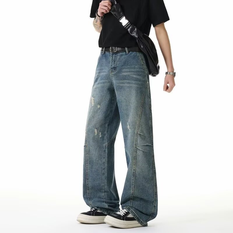 American Retro Design Straight Jeans Men's Loose Wide-leg Pants High Street Trendy Brand New Washed Scimitar Pants_viptrois.com