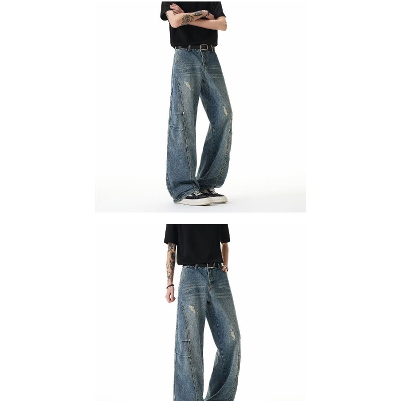 American Retro Design Straight Jeans Men's Loose Wide-leg Pants High Street Trendy Brand New Washed Scimitar Pants_viptrois.com