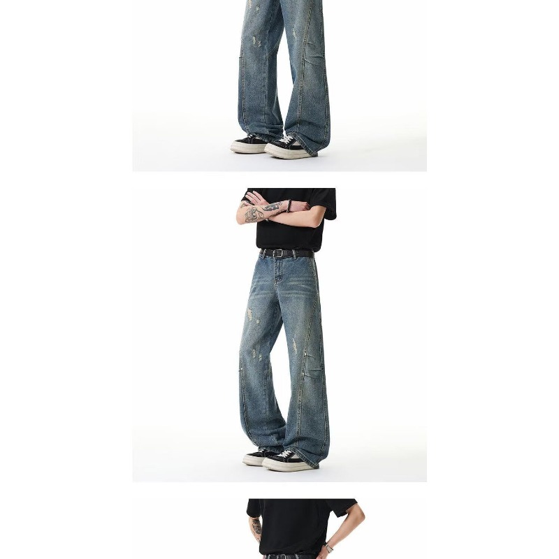 American Retro Design Straight Jeans Men's Loose Wide-leg Pants High Street Trendy Brand New Washed Scimitar Pants_viptrois.com