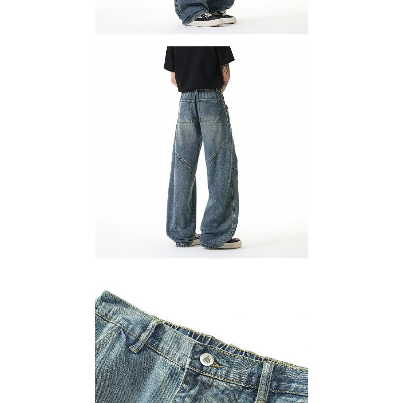 American Retro Design Straight Jeans Men's Loose Wide-leg Pants High Street Trendy Brand New Washed Scimitar Pants_viptrois.com