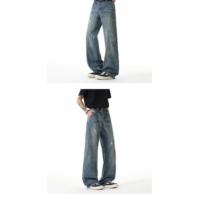 American Retro Design Straight Jeans Men's Loose Wide-leg Pants High Street Trendy Brand New Washed Scimitar Pants_viptrois.com