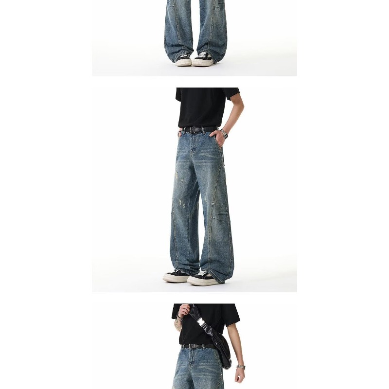 American Retro Design Straight Jeans Men's Loose Wide-leg Pants High Street Trendy Brand New Washed Scimitar Pants_viptrois.com