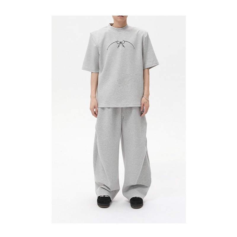 American Cleanfit Heavy White Flower Gray Sports Sweatpants Men's Trendy Brand Wrinkled Design Straight Micro-pull Casual Pants_viptrois.com