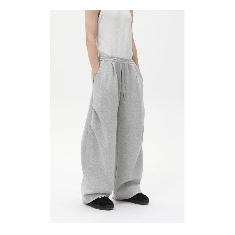 American Cleanfit Heavy White Flower Gray Sports Sweatpants Men's Trendy Brand Wrinkled Design Straight Micro-pull Casual Pants_viptrois.com