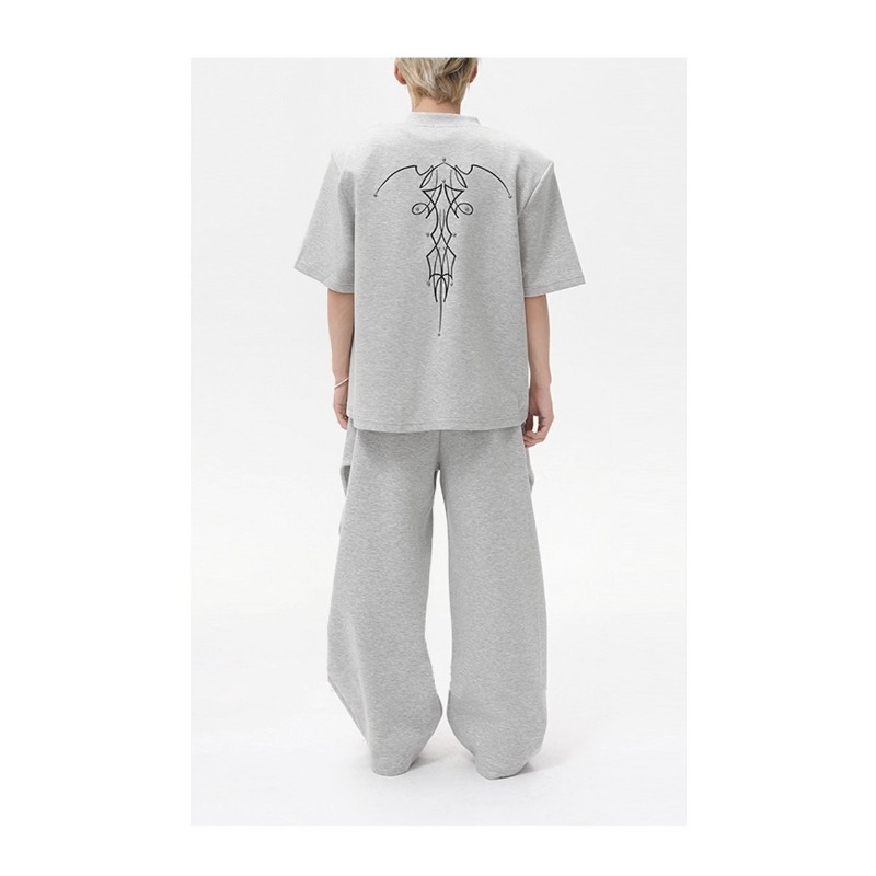 American Cleanfit Heavy White Flower Gray Sports Sweatpants Men's Trendy Brand Wrinkled Design Straight Micro-pull Casual Pants_viptrois.com