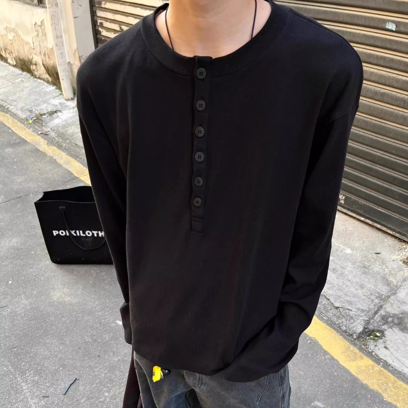 2025 New Cleanfit Black Henry Neck Long-sleeved T-shirt Men's Spring And Autumn American Inner Bottoming Shirt Trendy Brand_viptrois.com