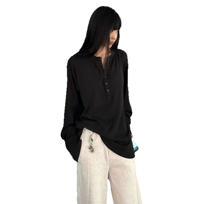 2025 New Cleanfit Black Henry Neck Long-sleeved T-shirt Men's Spring And Autumn American Inner Bottoming Shirt Trendy Brand_viptrois.com