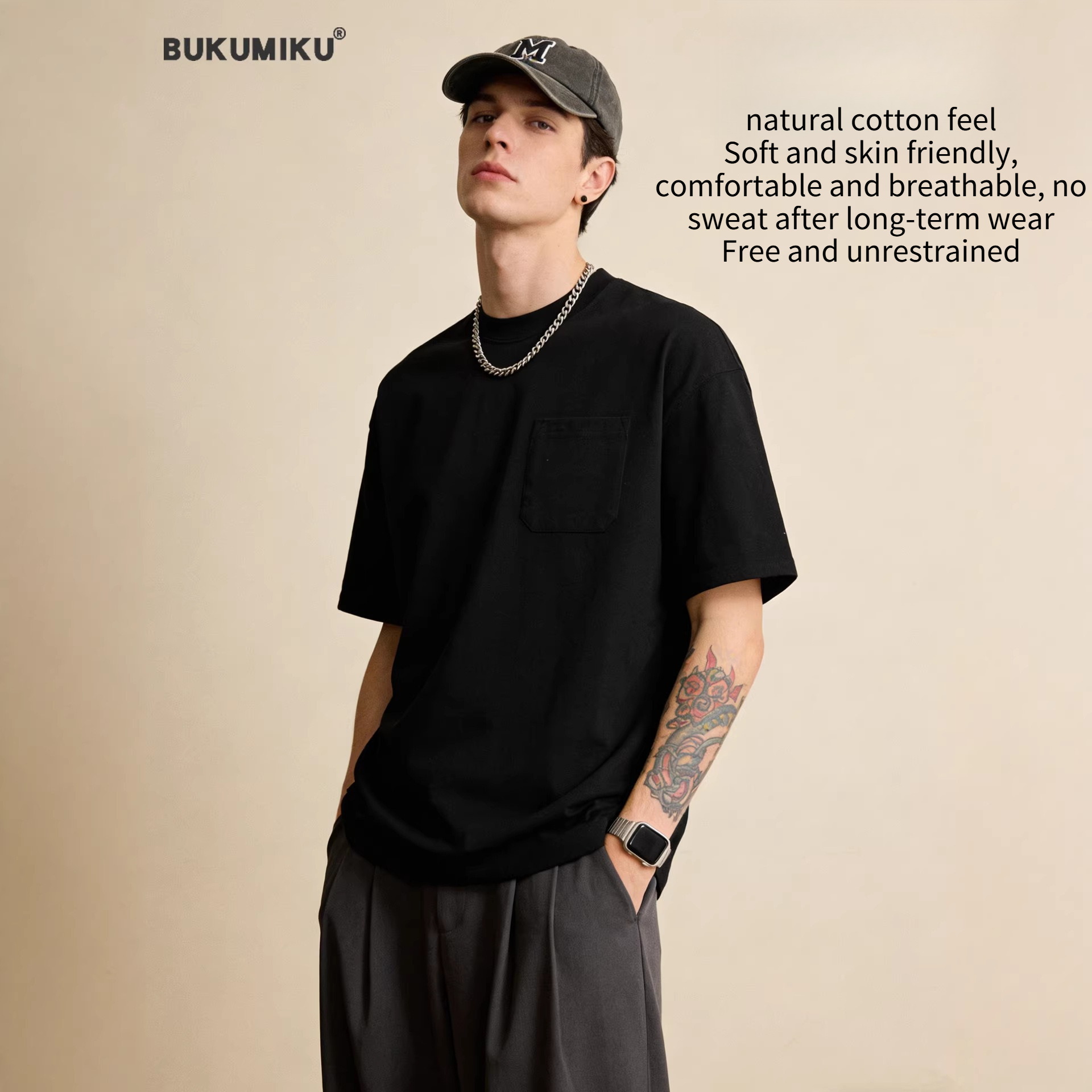 Heavyweight Cotton T-shirt For Men Solid Colour Small Neckline_voghion.com