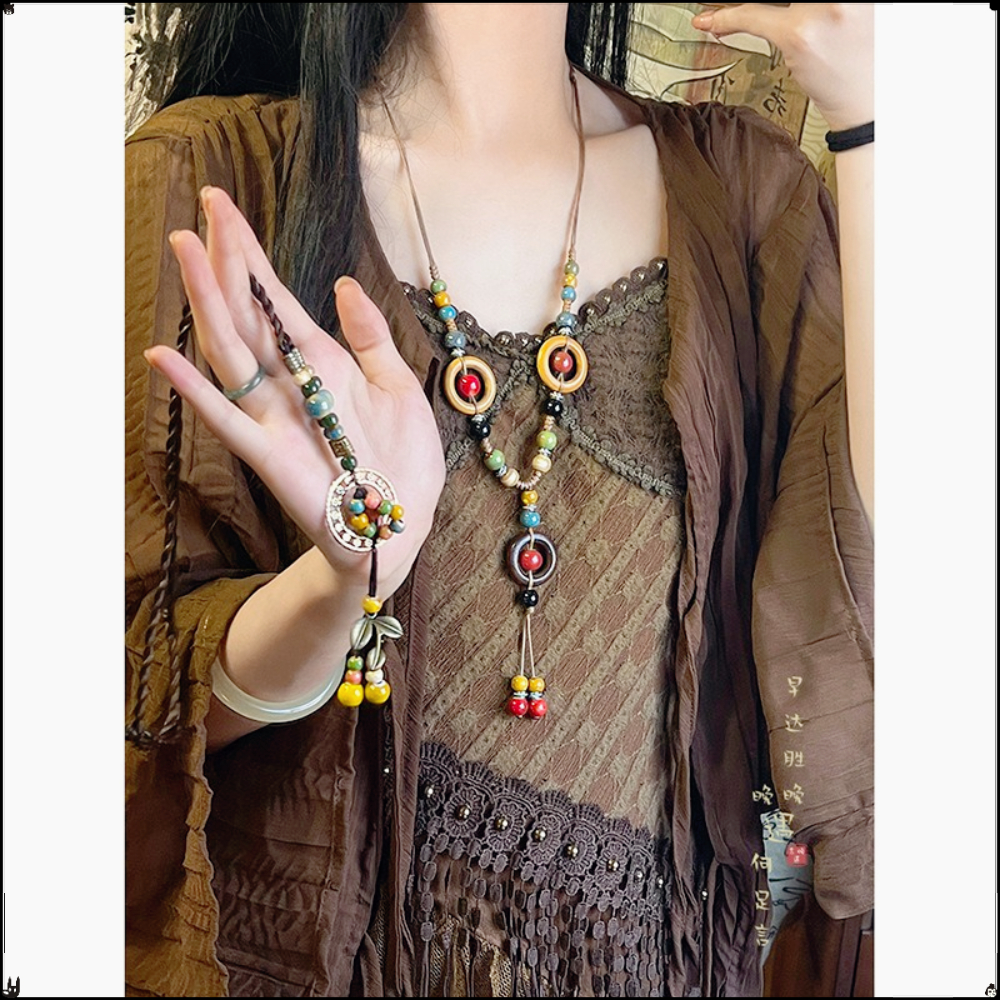 Nouvelles perles chinoises colorées, style ethnique, collier rétro en céramique tressée, pendentif de niche, accessoires zen haut de gamme._voghion.com