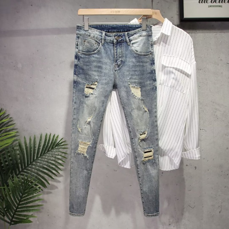 Internet Celebrity Beggar Pants Men's Spring And Summer Ripped Trousers Jeans Elastic Small Feet Slim Nine-point Pants Micro-elastic_viptrois.com