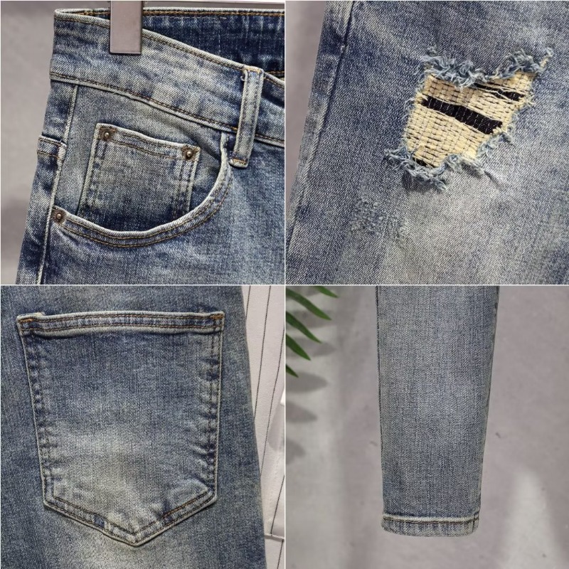 Internet Celebrity Beggar Pants Men's Spring And Summer Ripped Trousers Jeans Elastic Small Feet Slim Nine-point Pants Micro-elastic_viptrois.com