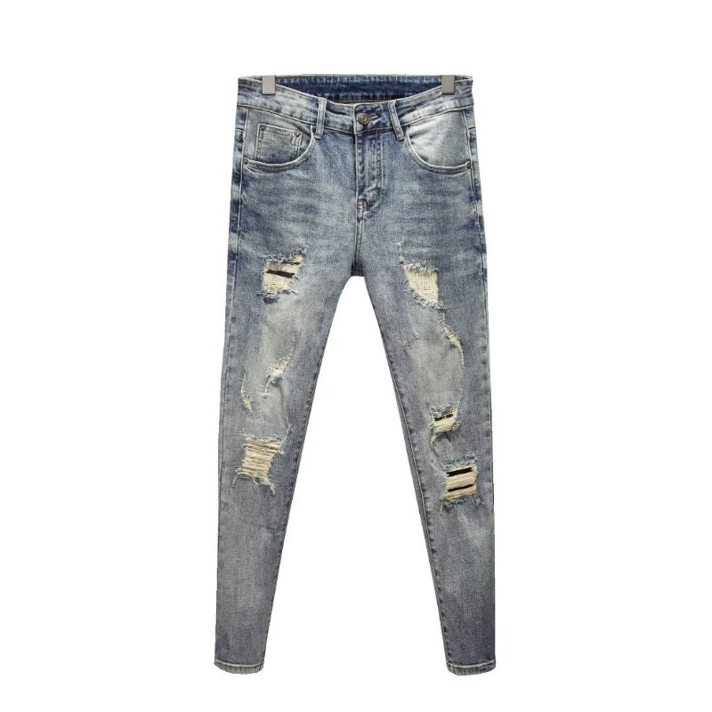 Internet Celebrity Beggar Pants Men's Spring And Summer Ripped Trousers Jeans Elastic Small Feet Slim Nine-point Pants Micro-elastic_viptrois.com
