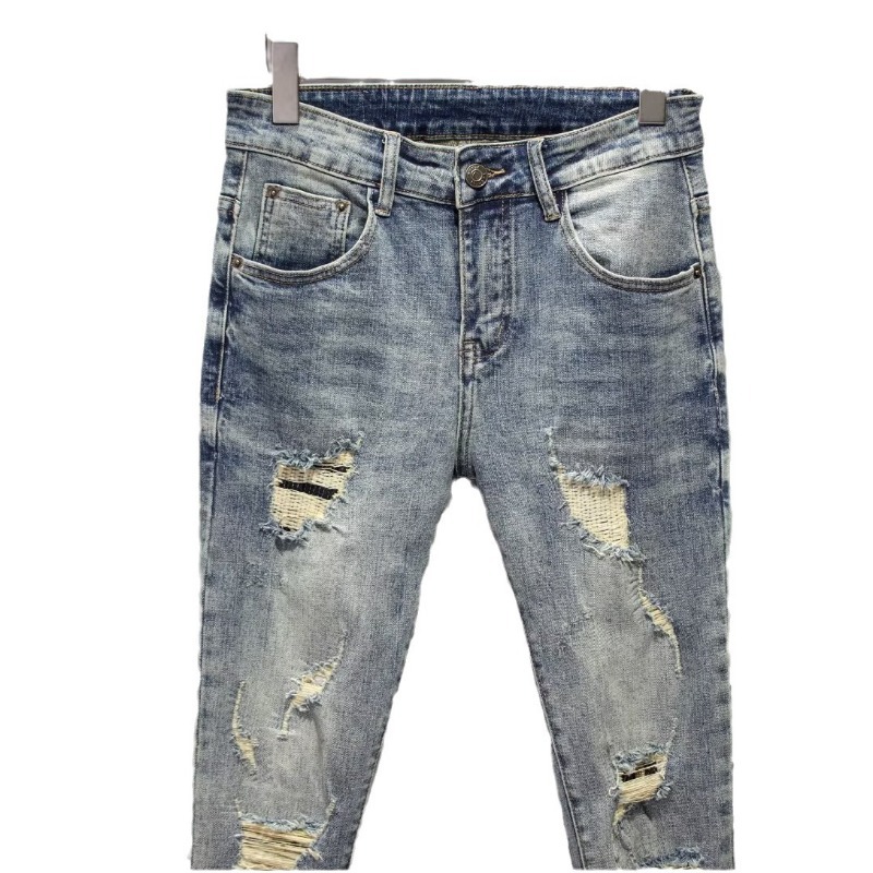 Internet Celebrity Beggar Pants Men's Spring And Summer Ripped Trousers Jeans Elastic Small Feet Slim Nine-point Pants Micro-elastic_viptrois.com