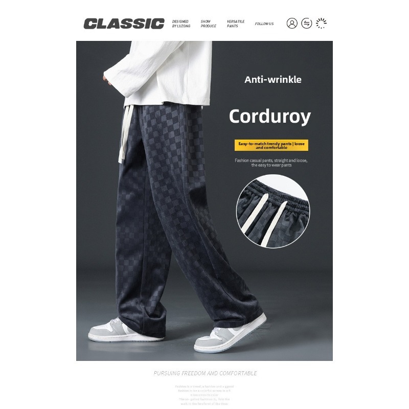 Corduroy Pants Men's Spring And Autumn Loose Straight Wide-leg Sweatpants Men's Hong Kong Style Tide Brand Sports Casual Trousers_viptrois.com