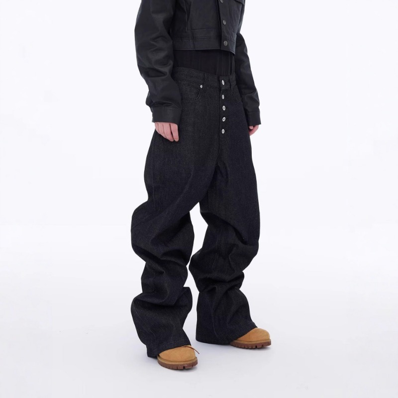 American High Street Retro Washed Breasted Design Sense Jeans Men's Street Trendy Brand Ruffian Handsome Loose Casual Wide-leg Pants_viptrois.com