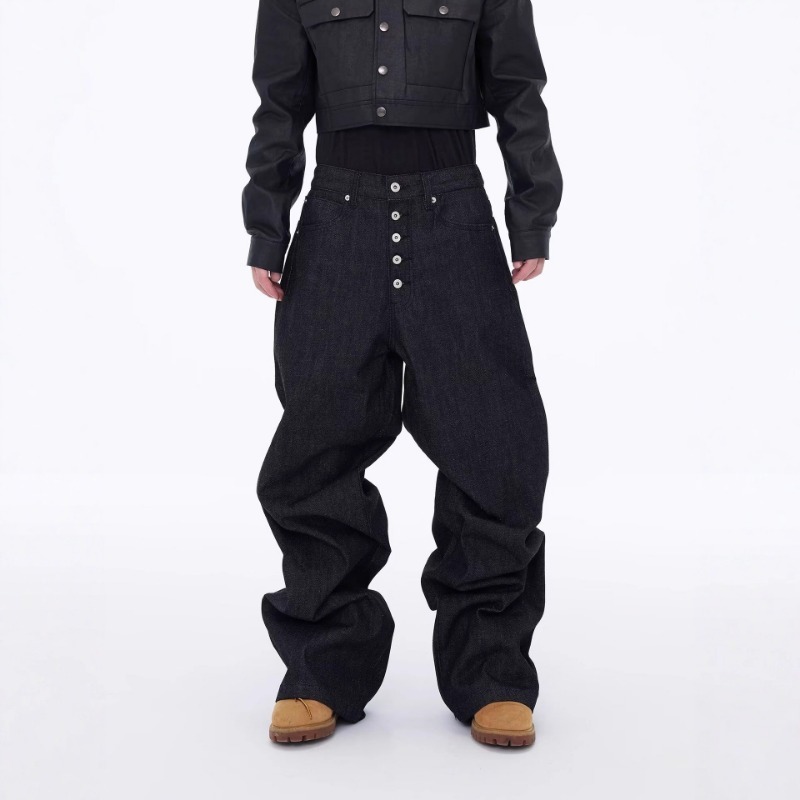 American High Street Retro Washed Breasted Design Sense Jeans Men's Street Trendy Brand Ruffian Handsome Loose Casual Wide-leg Pants_viptrois.com