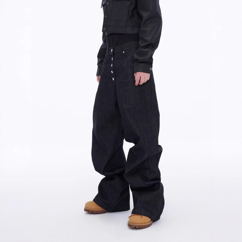 American High Street Retro Washed Breasted Design Sense Jeans Men's Street Trendy Brand Ruffian Handsome Loose Casual Wide-leg Pants_viptrois.com