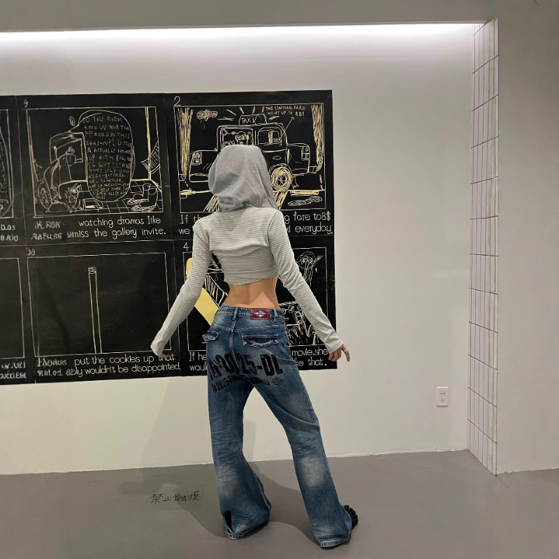 DETW 25AW * Original Retro Niche Slogan Washed Blue Cow Cat Whisker Slightly Pulled Rivet Versatile Jeans Men_viptrois.com