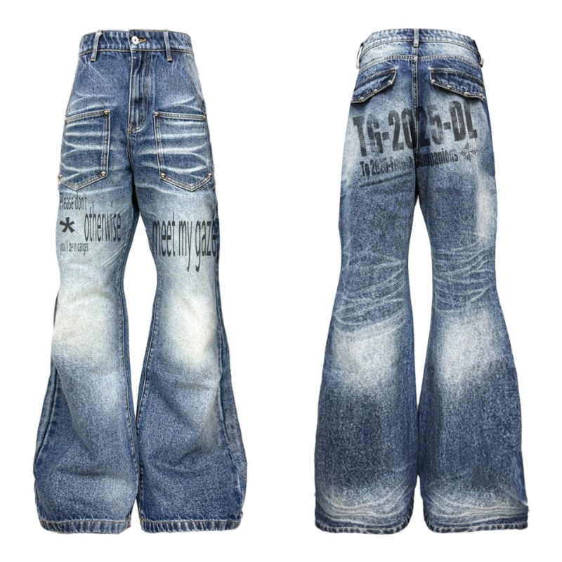 DETW 25AW * Original Retro Niche Slogan Washed Blue Cow Cat Whisker Slightly Pulled Rivet Versatile Jeans Men_viptrois.com