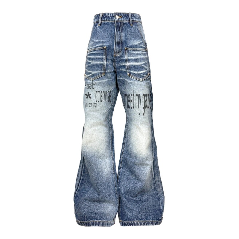 DETW 25AW * Original Retro Niche Slogan Washed Blue Cow Cat Whisker Slightly Pulled Rivet Versatile Jeans Men_viptrois.com