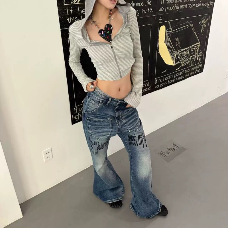DETW 25AW * Original Retro Niche Slogan Washed Blue Cow Cat Whisker Slightly Pulled Rivet Versatile Jeans Men_viptrois.com