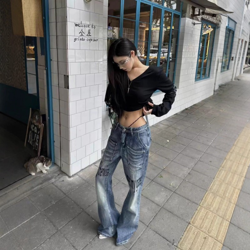 DETW 25AW * Original Retro Niche Slogan Washed Blue Cow Cat Whisker Slightly Pulled Rivet Versatile Jeans Men_viptrois.com