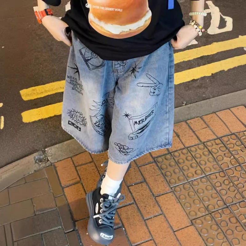 Summer American Popular Retro Graffiti Seven-point Jeans Men's Street Trend High Waist Wide Leg Shorts Couple_viptrois.com