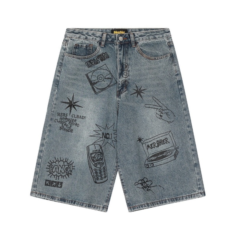 Summer American Popular Retro Graffiti Seven-point Jeans Men's Street Trend High Waist Wide Leg Shorts Couple_viptrois.com