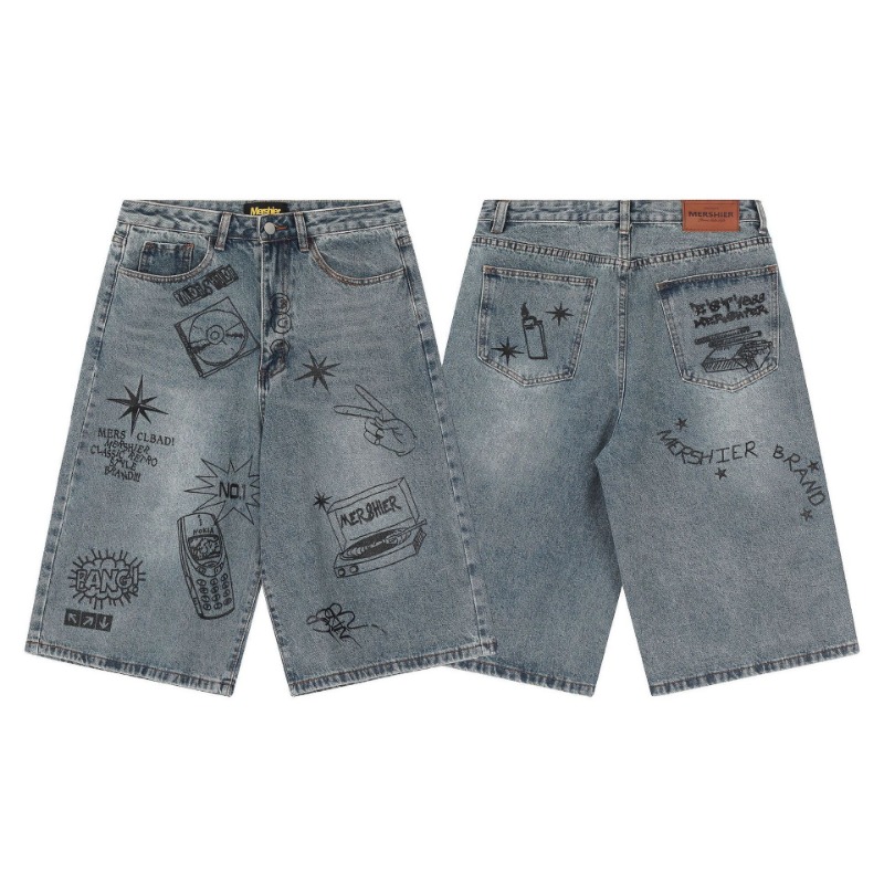 Summer American Popular Retro Graffiti Seven-point Jeans Men's Street Trend High Waist Wide Leg Shorts Couple_viptrois.com