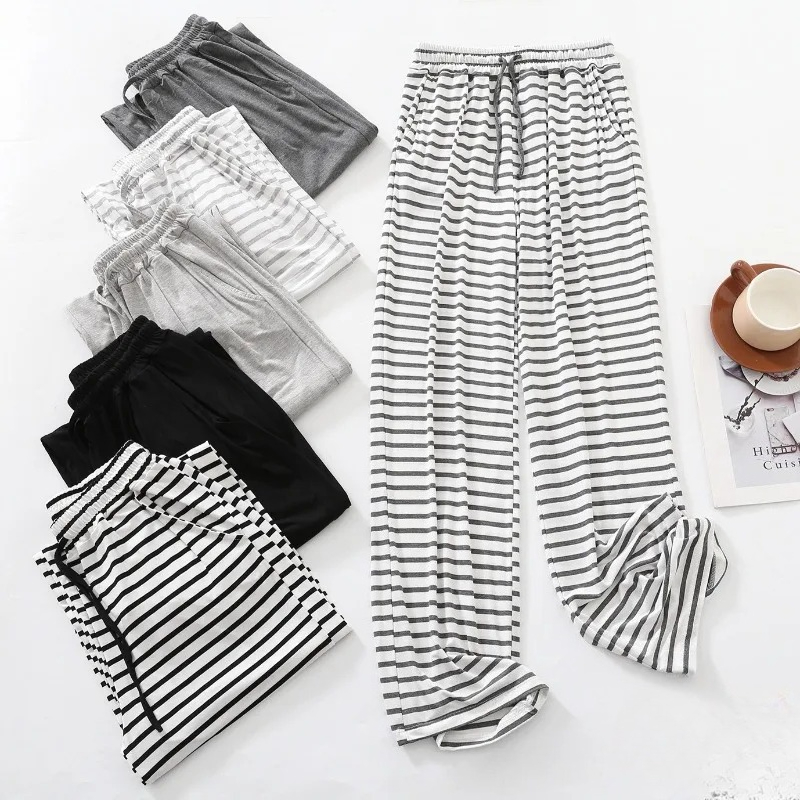 Dames gestreepte slaapbroek, lichtgewicht, losse, lange broek, nachtkleding, zomerse, ademende loungewear, comfortabele huisbroek_voghion.com