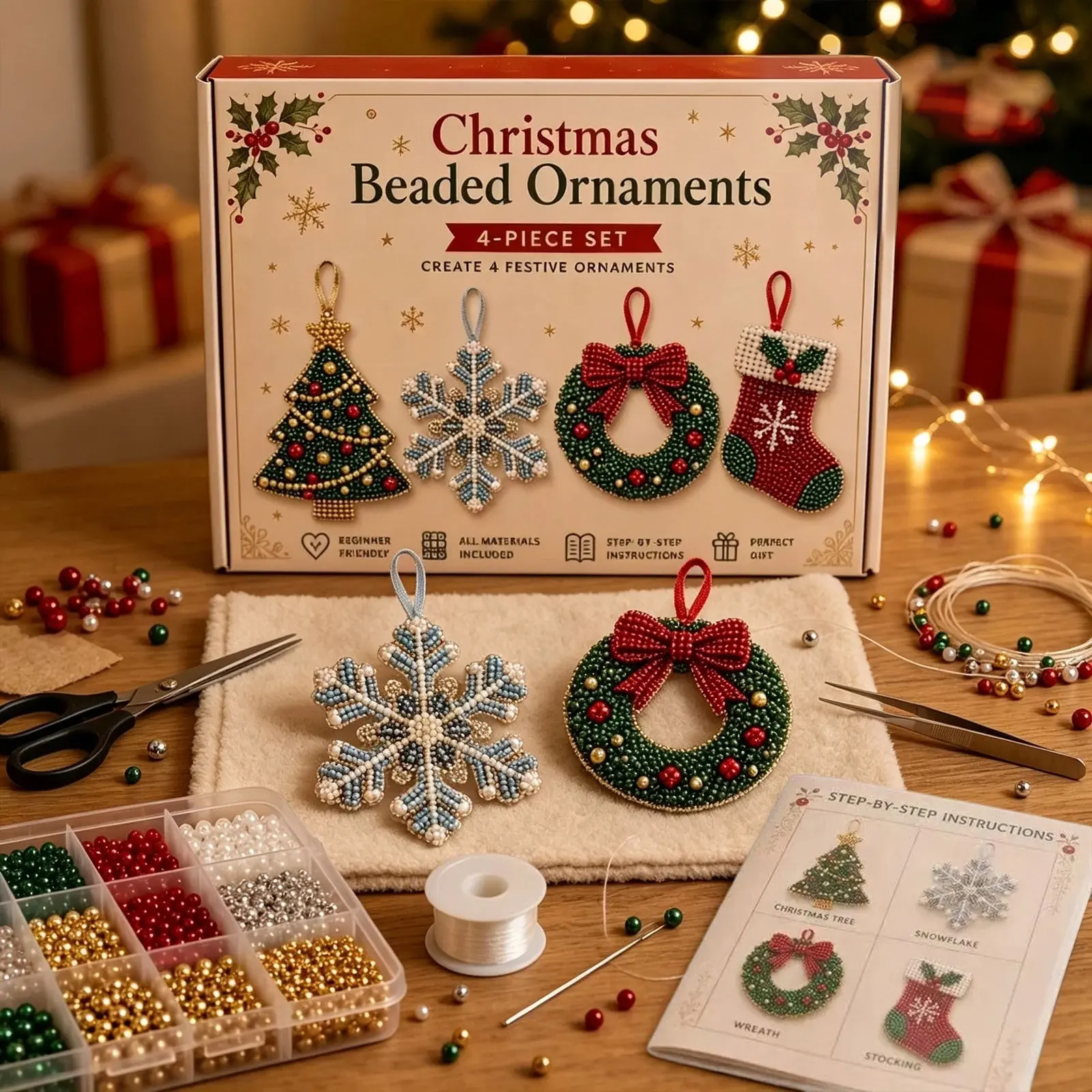4-piece Christmas 3D beaded ornaments DIY kit holiday craft set