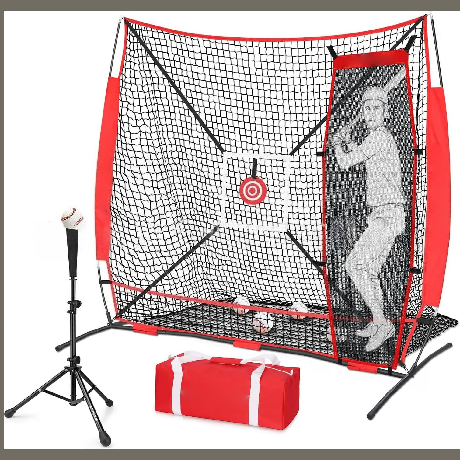 Portable 6x6ft Baseball Softball Practice Net Set With Tee Stand & Human-Shaped Strike Zone Target - Lightweight & Durable Training Equipment_voghion.com