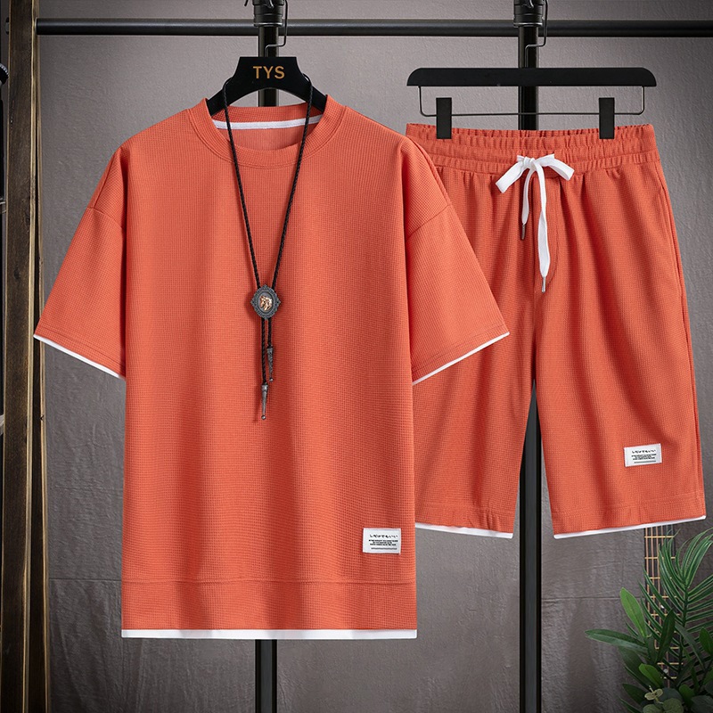 Ensemble t-shirt gaufre et short pour homme tenue casual ample_voghion.com