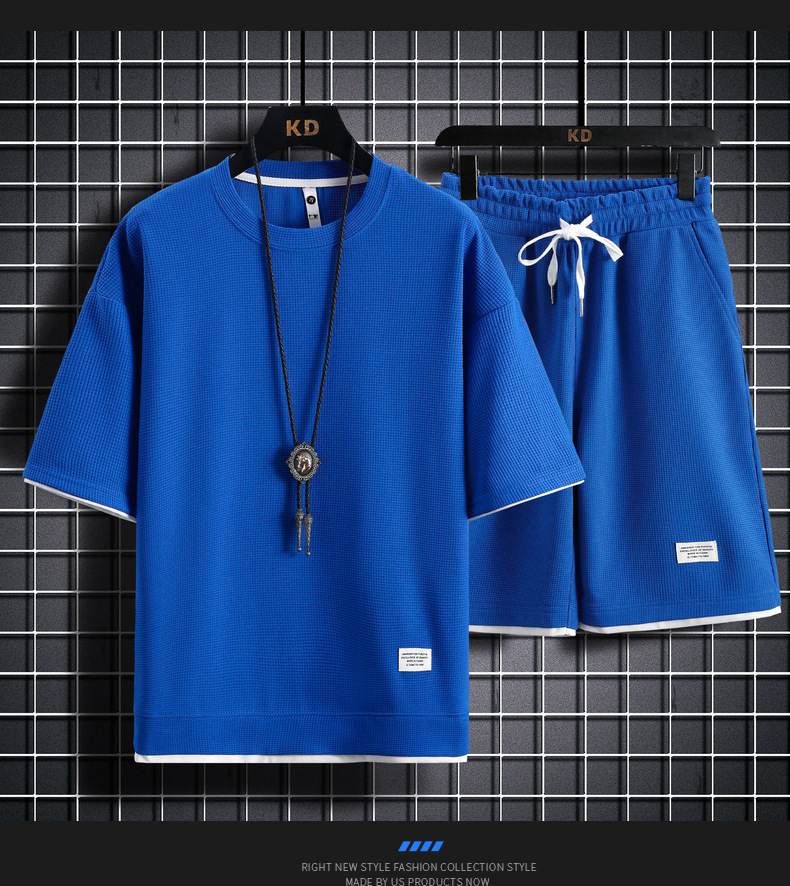 2025 Men's Clothing Waffle T-shirt Men's Two-piece Suit Couple Loose Trendy Large Size Five-point Pants Outdoor Casual_voghion.com