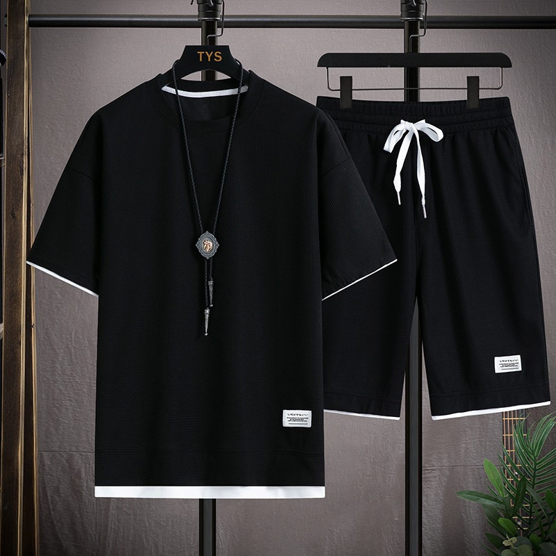 Vêtements pour hommes 2025, t-shirt gaufré, costume deux pièces pour hommes, couple, ample, tendance, grande taille, pantalon cinq points, extérieur décontracté_voghion.com