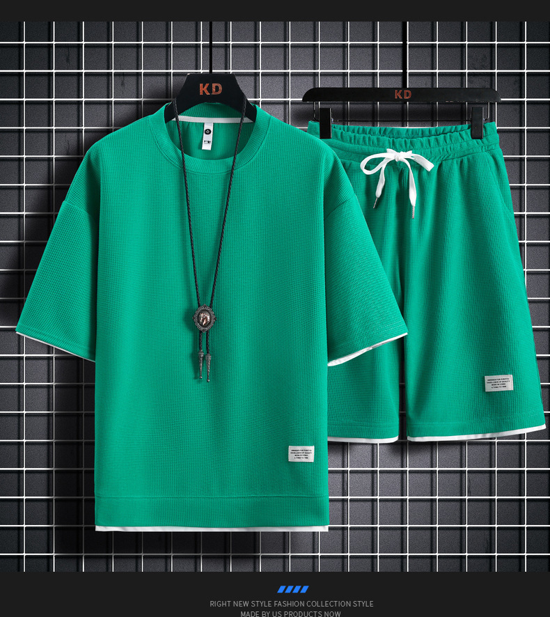 Vêtements pour hommes 2025, t-shirt gaufré, costume deux pièces pour hommes, couple, ample, tendance, grande taille, pantalon cinq points, extérieur décontracté_voghion.com