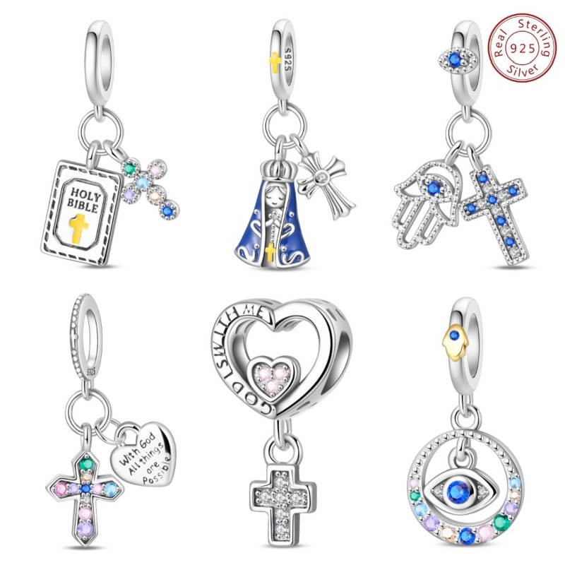 925 Sterling Silber Charm Unsere Liebe Frau der Liebe Kreuz Perle Charm DIY Schmuck Armband Zubehör_voghion.com