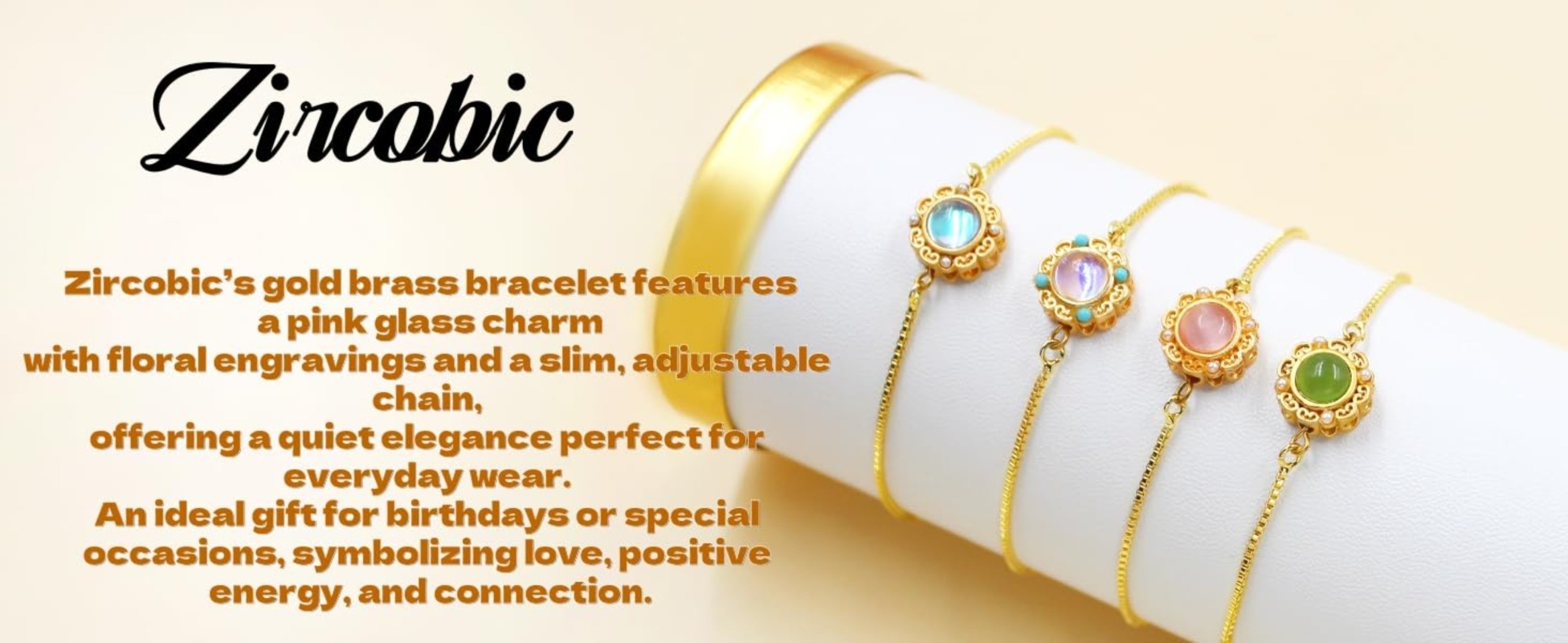 Zircobic Gold Bracelet | Floral Pink Glass Charm | Adjustable Chain | Elegant Friendship Gift