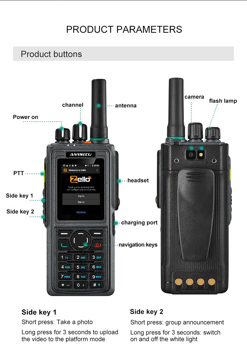 ANYSECU Zello HD760 4G Network Radio Android 7.1 Unlocked Real-ptt