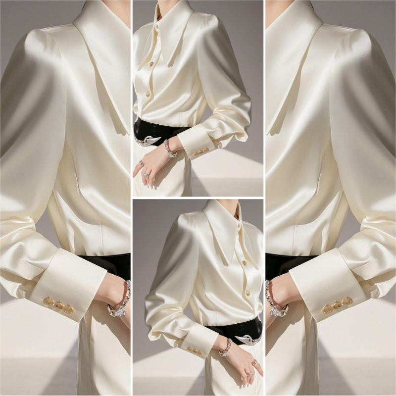 Chic French Cropped Satin Shirt - Creamy White Acetic Acid Spring Autumn Blouse 9 338be418108e28996a9e4e072548b0c5