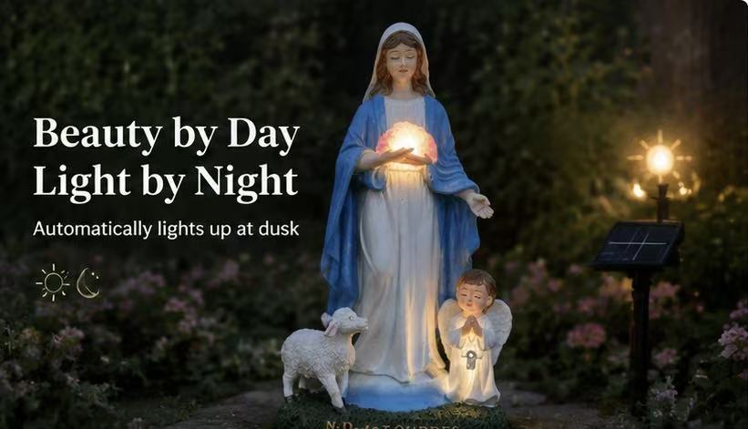 Solar Virgin Mary statue light glowing automatically at dusk