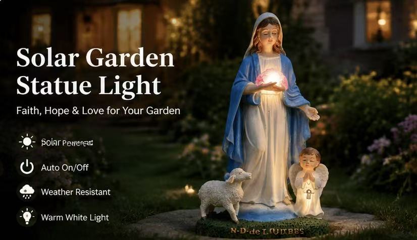 Weather-resistant solar Virgin Mary garden statue with warm white light