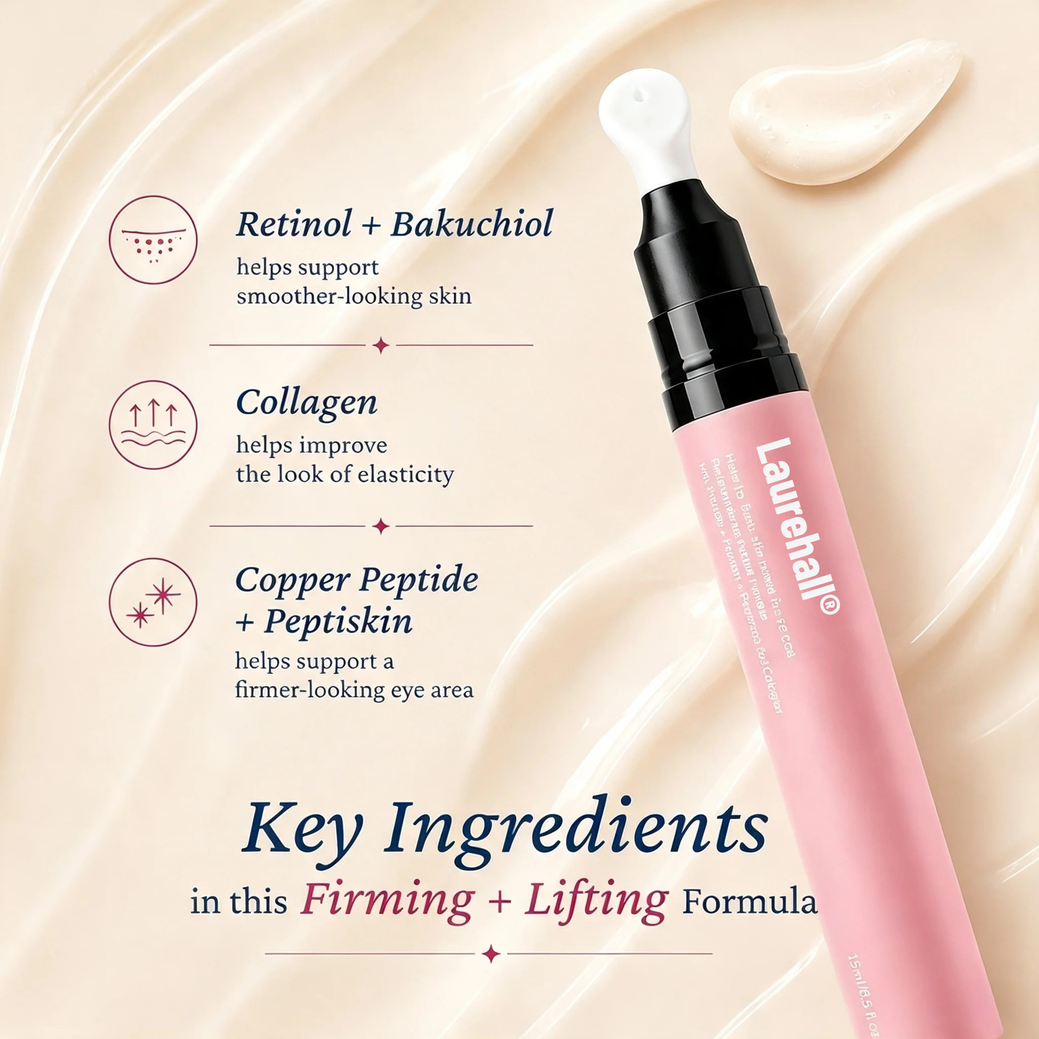 Laurehall pink eye gel key ingredients Retinol Bakuchiol Collagen Copper Peptide